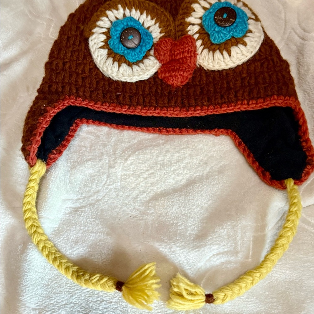 Handmade 100% Wool Owl Hat Fleece Lined Brown Crochet Beanie Nepal Fair Trade